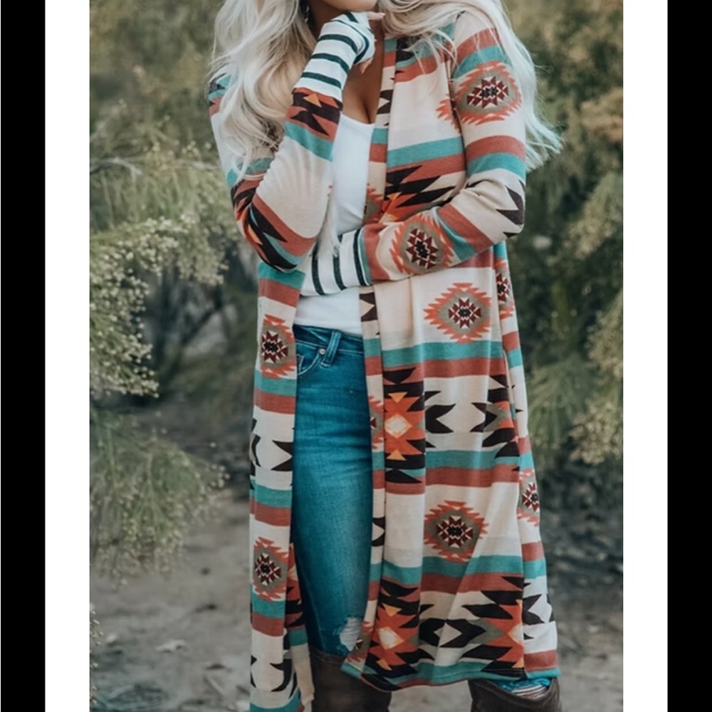 Aztec Open Front Long Cardigan - Picture 2 of 2